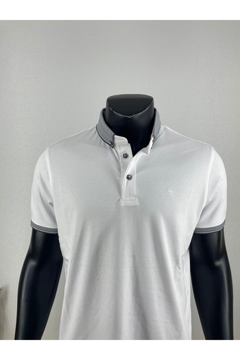 Sadık Collection Men's Large Size Polo Collar Buttoned Pocketless Sleeves Ribbed Mercerized Fabric White Color T-Shirt 1000