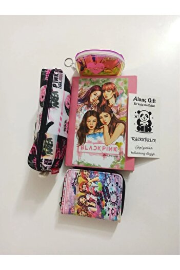 Alanç Gift Black Pink Printed Pen Holder, Notebook, Coin Purse, Coin Purse Special Gift Set