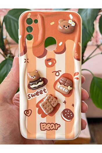 Fibaks Samsung Galaxy M30S-M21 Case Designed Patterned Camera Protection Teddy Bear Biscuit Cofffe Silicone Cover
