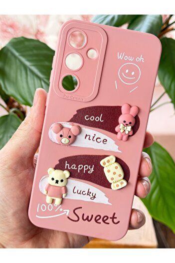 Fibaks Galaxy A55 Compatible Case Designed Patterned Camera Protection Rabbit Pink Soft Silicone Cover