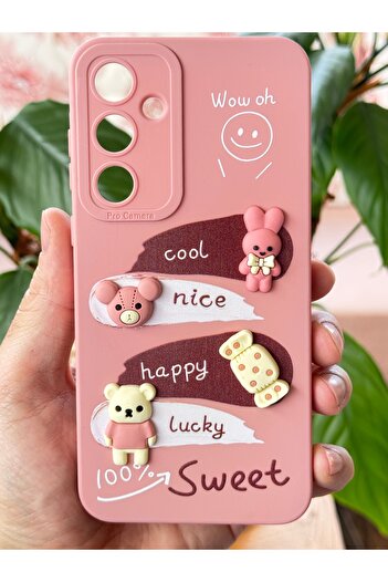 Fibaks Galaxy A55 Compatible Case Designed Patterned Camera Protection Rabbit Pink Soft Silicone Cover