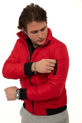 Montup Men's Red Coat - Stand Collar, Lined Inside, Pocket, Seasonal, Water and Windproof