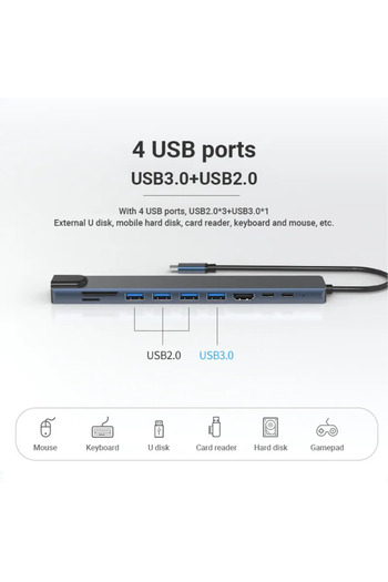LUVLU HUB USB C 10 în 1, 1 HDMI 4K, 1 PD 100W, 1 RJ45, 1 SD/TF, 3 USB 2.0, 1 USB 3.0, 1 USB-C pentru date
