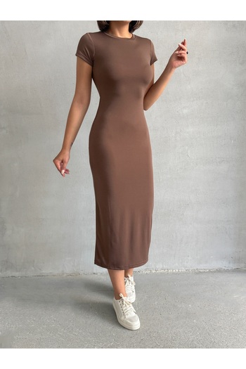 BEJNA Women's Brown Crew Neck Stretchy Long Dress