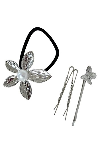 TAKIŞTIR Silver Color Flower Figured Rubber Buckle and Wire Buckle Set