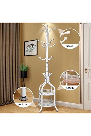 Un Clothes rack with 2 shelves and several hooks for storage, white