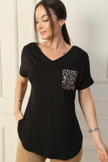 By Saygı Women's Front Back V Neck Back Leopard Garnished Pocket Lycra Blouse