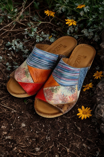 İNZE AYAKKABI Multicolored Blue Genuine Leather Slippers Model Name: Hydrangea
