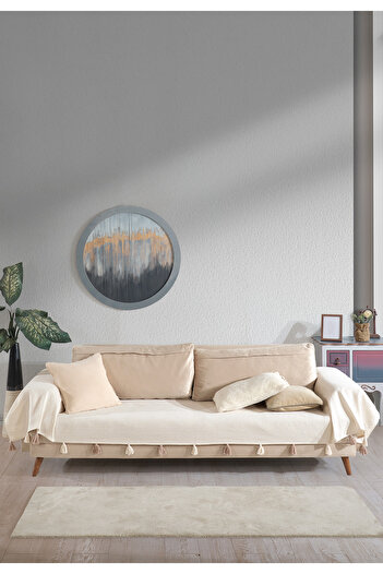 Lux Touch Pera Ekru Püsküllü Kolları Örten Koltuk Örtüsü 300x110 cm 3m Battal Boy Ponponlu Kanepe Divan Çekyat