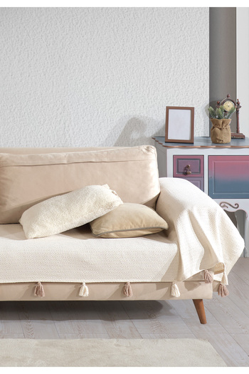 Lux Touch Pera Ekru Püsküllü Kolları Örten Koltuk Örtüsü 300x110 cm 3m Battal Boy Ponponlu Kanepe Divan Çekyat