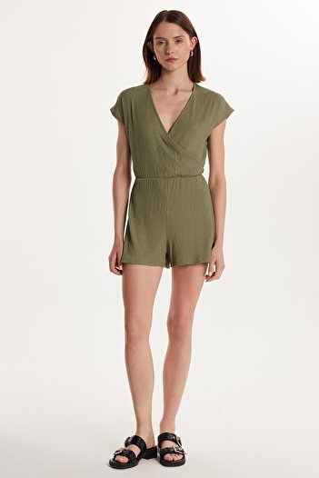 Tudors Women's Regular Fit Short Sleeve V-Neck Khaki Jumpsuit