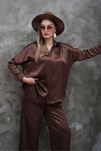 MODAMOR Brown Satin Fabric Shirt Pants Suit