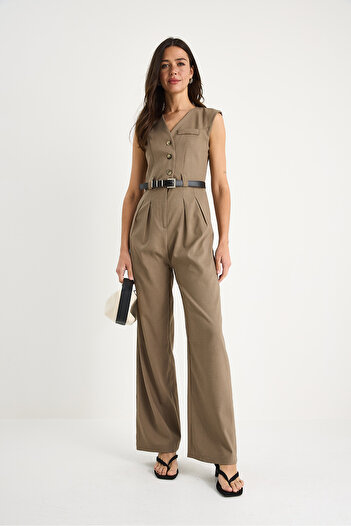 Bianco Lucci Women's V-Neck Belted Pocket Wide Leg Jumpsuit 90021 60283050