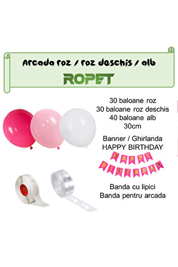 Ropet Balloon arrangement set for arch, Happy Birthday garland, 115 pcs, pink and white