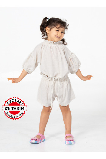 Casabony Ecru Linen Girls Shorts + Tunic Set