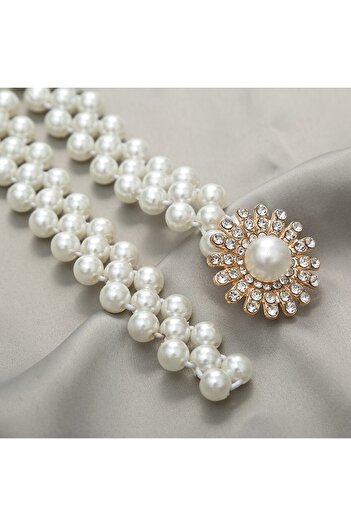 OBRO Curea de dama pentru talie, eleganta, ajustabila, din perle, catarama tip margareta, 70-95 cm, alb