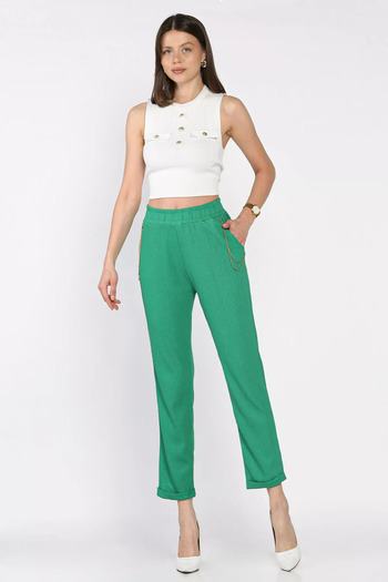 GÜLSELİ Darkgreen Women's Elastic Waist Double Leg Trousers with Chain Accessories