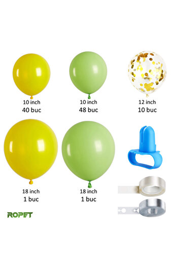 Ropet Balloon set for arch arrangements, Yellow/Green, 103 pieces, Ropet
