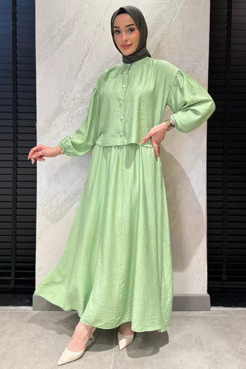 julude Water Green Pocket Detailed Skirt Shirt Hijab Double Set