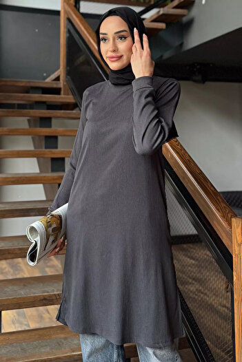 julude Anthracite Women's Crew Neck Side Slit Detailed Hijab Tunic