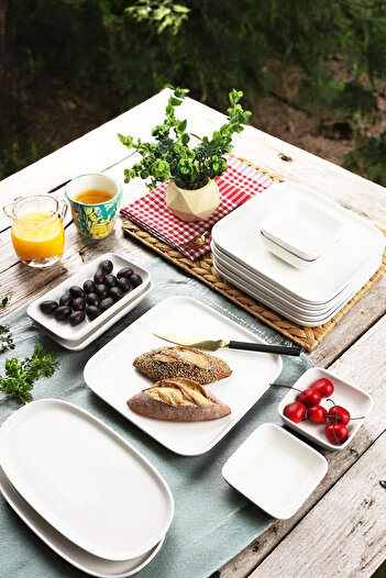 Home Artemis Ceramic 6-Person Oval Edged Square Breakfast Set 14 Pieces White
