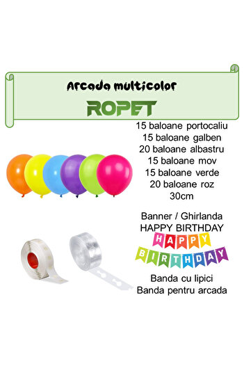 Ropet Balloon arrangement set for arch, Happy Birthday garland, 115 pcs, multicolor