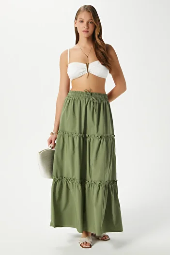 Ritnice Women's Elanora Khaki Lined Layered Poplin Skirt