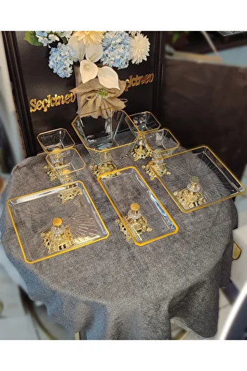 SEÇKİNEV Almeira Footed Gold Table Presentation Plate Set 8 Pieces