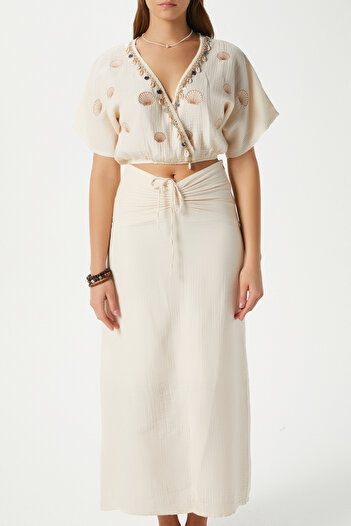 Ritnice Women's Nara Muslin Stone Oyster Embroidered Blouse Skirt Bottom Top Set