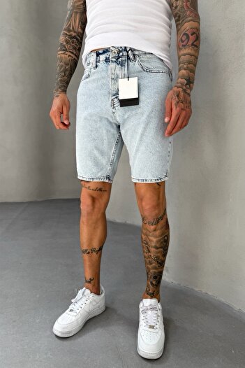 MADZEYMODA Kar Yıkama Denim Kumaş Buz Mavi Erkek Jean Kot Şort Mz488