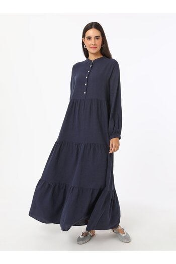 Benin Linen Blended Button Detailed Hijab Dress - Navy Blue - Benin