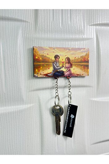 karbonsoft Handmade Wooden Fairy Tale Couple and Storks Themed Romantic Keychain