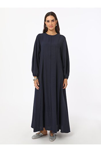 Benin Linen Blended Hijab Dress with Stitching Detail - Navy Blue - Benin