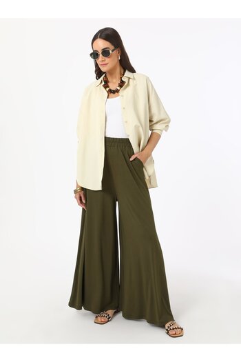 Benin Viscose Fabric Elastic Waist Trousers - Khaki - Benin