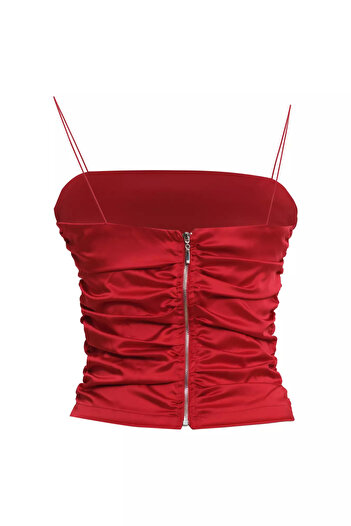 Keikei Kırmızı saten kolsuz crop top