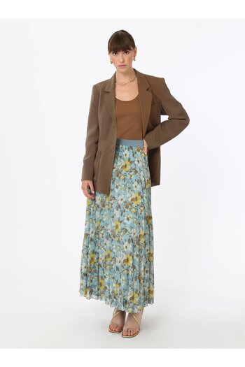 Refka Pleated Floral Printed Chiffon Skirt - Blue Patterned - Refka
