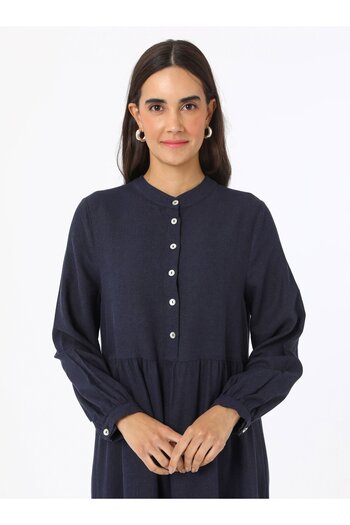 Benin Linen Blended Button Detailed Hijab Dress - Navy Blue - Benin
