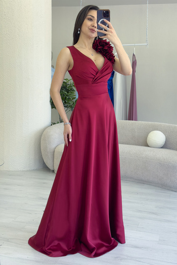 zks grup tekstil Women's Double Breasted Collar Shoulder Flower Detailed Satin Evening Dress Khaki, Burgundy, Baby Blue