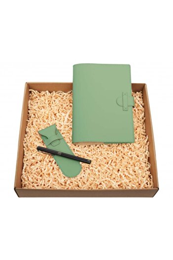 Natural Set with notebook and pen, green, recycled natural leather