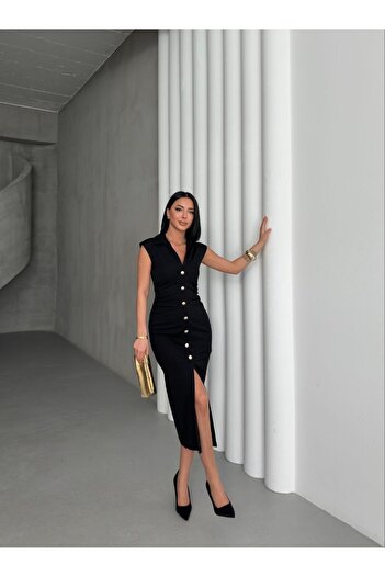 Cistern İstanbul Women's Black Gold Buttoned Drawstring Detailed Pencil Dress