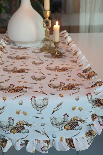 vintagetasarım runner fırfırlı tavuk desen vintage duck keten 40x130cm