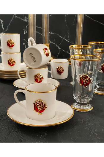 REGNA HOME Fine Living Love Roses 18 Piece Porcelain Coffee Cup Set with 6 Gilded Glasses