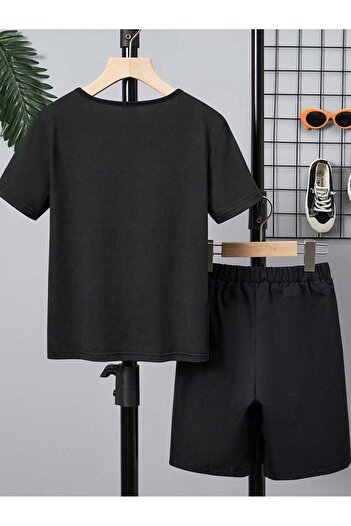 CLAYES Losangeles Printed Girls and Boys Black Cotton Shorts and T-shirt Set - Summer Crew Neck