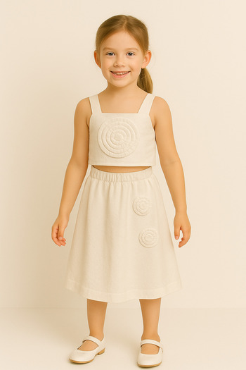 wakawakakidsstore Embossed Flower Detailed White Strap Crop Top and Skirt Girl's Set - Ecru