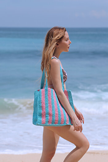 Green Petition Marla Candy, Paper Rope (Rafia), Hand Knitted, Cabana Patterned, Beach Bag.