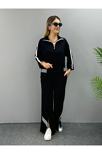 INFİVENTO    Women's Polo Neck Slit Ribbed Double Suit