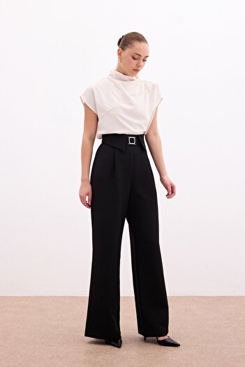Sateen Wide Leg Trousers with Waist Detail - BLACK