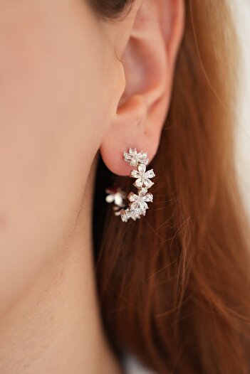 Ladies&Gentlemen Silver Color Steel Earrings with Flower Detail Zircon Stone Detail