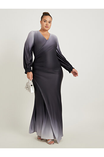 Styli Plus Size Ombre Print Gathered Detail Wrap Maxi Dress