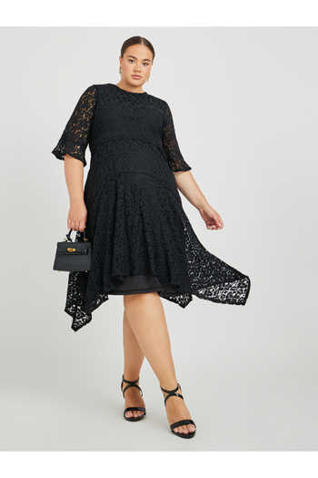 Styli Plus Size Lace High Neck Asymmetric Hem A-Line Midi Dress